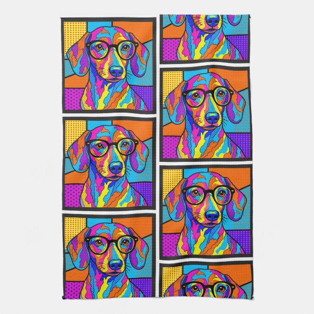 Colorful Dachshund Pop Art Kitchen Towel (Vertical)