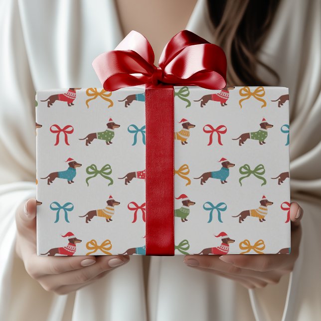 Colorful Dachshunds & Bows Festive Christmas Wrapping Paper (Creator Uploaded)
