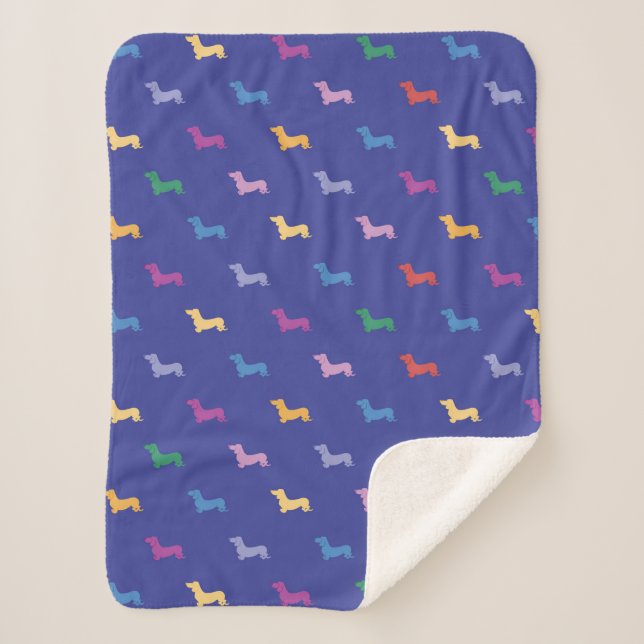 Colorful Dachshunds Pattern Blue Sherpa Blanket (Front)