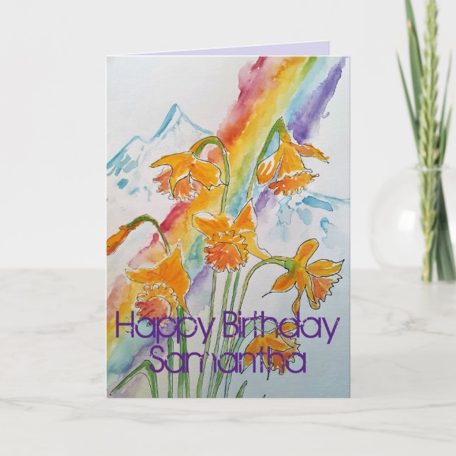 Colorful Daffodil Rainbow Watercolor Birthday Card (Front)