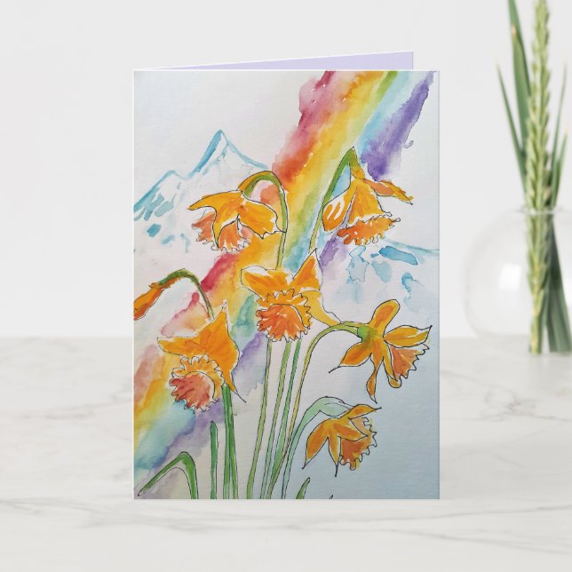 Colorful Daffodil Rainbow Watercolor Greetings Card (Front)