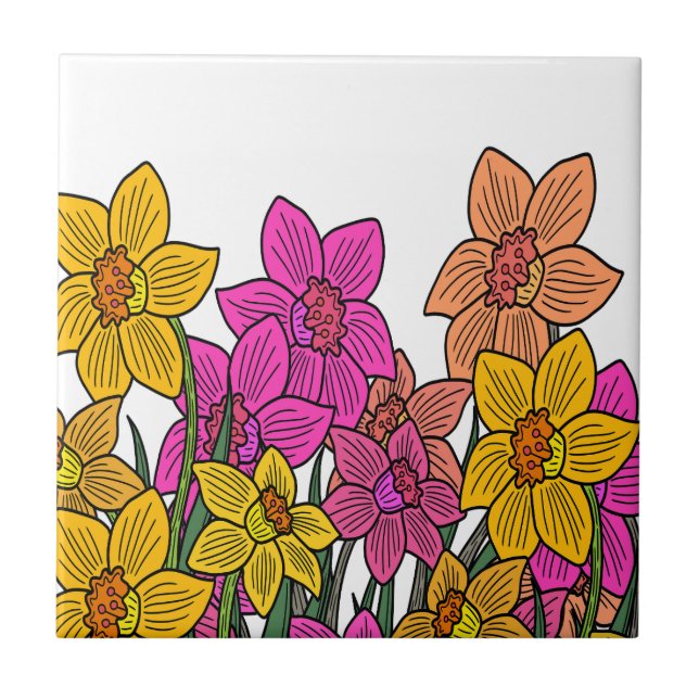 Colorful Daffodils Flowers Design Ceramic Tile (Front)