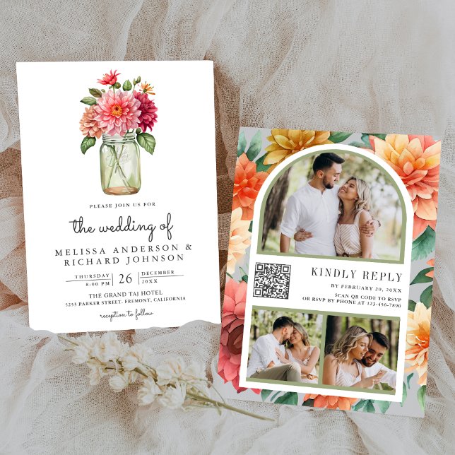 Colorful Dahlia Floral Mason Jar QR Code Wedding Invitation (Creator Uploaded)
