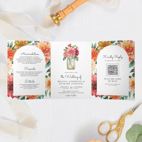 Colorful Dahlia Floral Mason Jar QR Code Wedding Tri_Fold Invitation