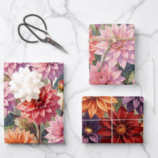 Colorful Dahlia Floral Spring Botanical Wrapping Paper Sheets