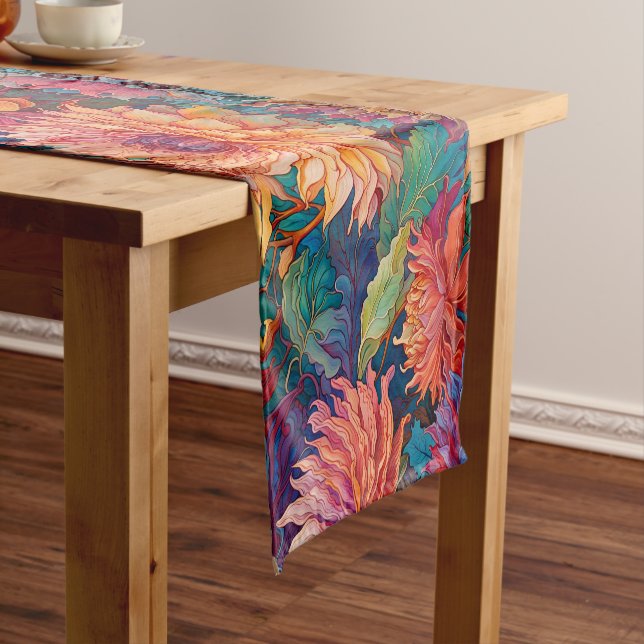 Colorful Dahlia Floral Tapestry Short Table Runner (In Situ)