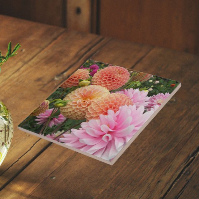 Colorful Dahlia Garden Floral Ceramic Tile (In Situ)