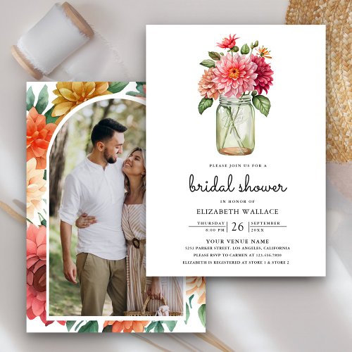 Colorful Dahlia Mason Jar Photo Bridal Shower Invitation