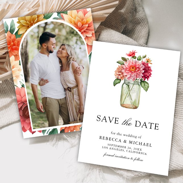 Colorful Dahlia Mason Jar Photo Wedding Save The Date (Creator Uploaded)