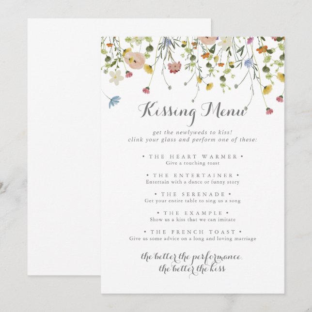 Colorful Dainty Wedding Kissing Menu Game Card (Front/Back)