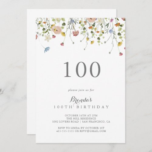 Colorful Dainty Wild Flowers 100th Birthday Party Invitation