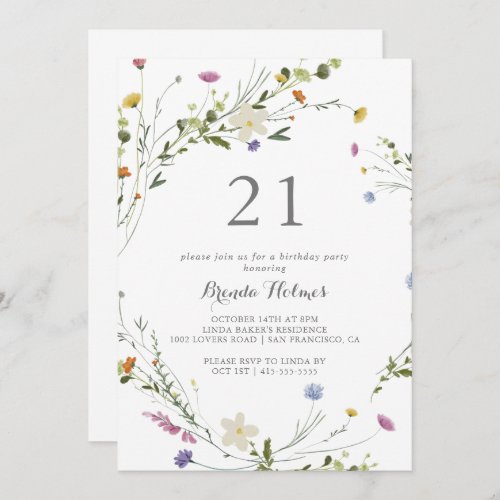 Colorful Dainty Wild Flowers 21st Birthday Party Invitation