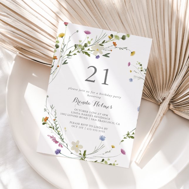 Colorful Dainty Wild Flowers 21st Birthday Party Invitation (Creator Uploaded)