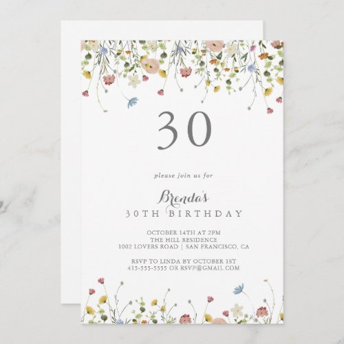 Colorful Dainty Wild Flowers 30th Birthday Party Invitation