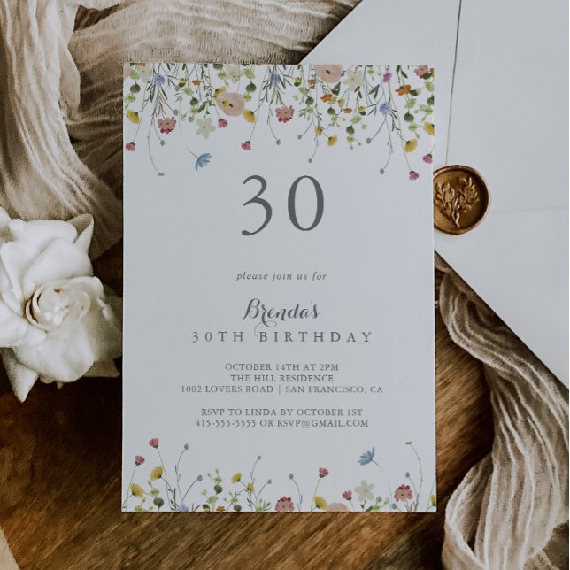 Colorful Dainty Wild Flowers 30th Birthday Party Invitation (Creator Uploaded)