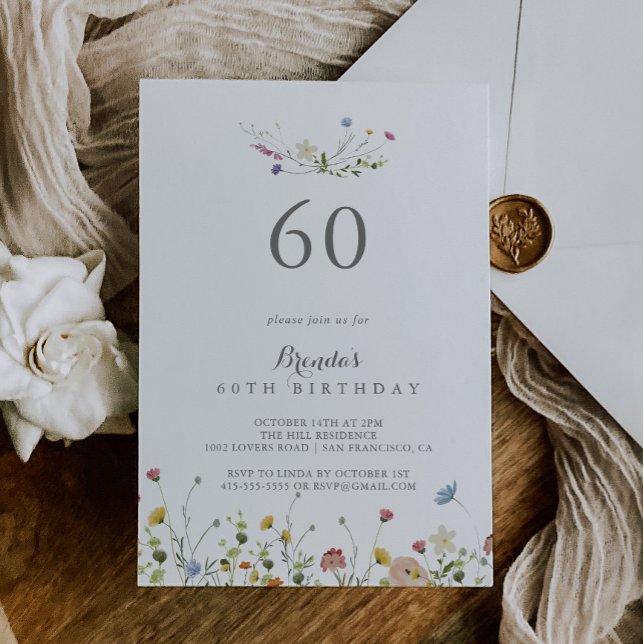 Colorful Dainty Wild Flowers 60th Birthday Party Invitation (Creator Uploaded)