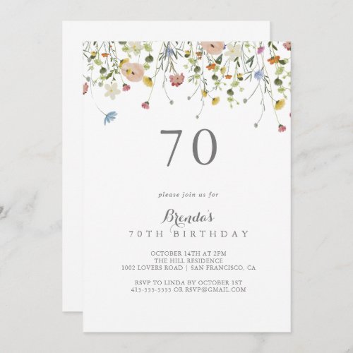 Colorful Dainty Wild Flowers 70th Birthday Party Invitation