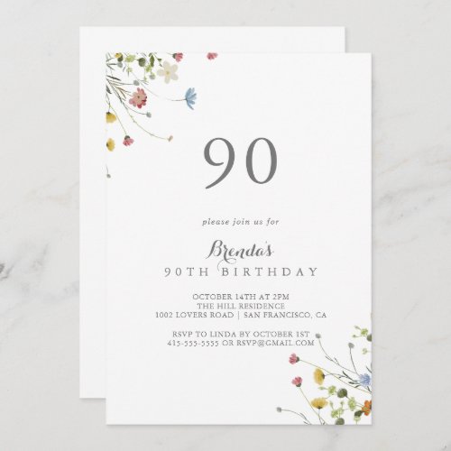 Colorful Dainty Wild Flowers 90th Birthday Party Invitation