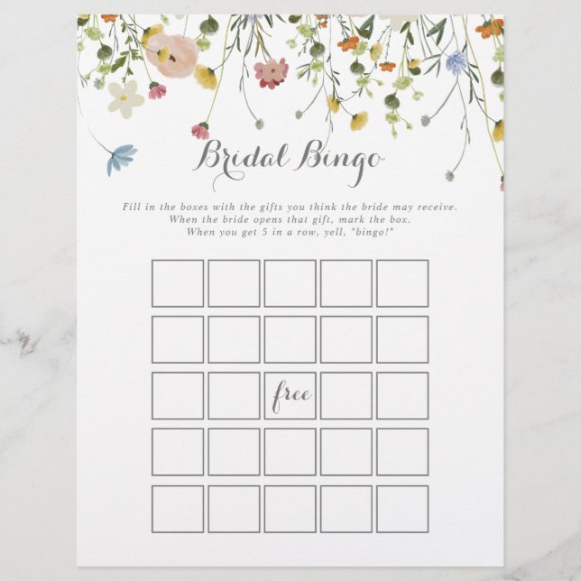 Colorful Dainty Wild Flowers Bridal Bingo Game (Front)