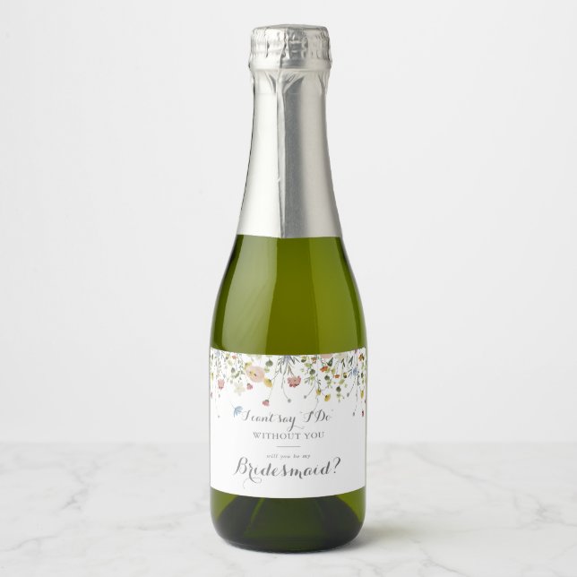 Colorful Dainty Wild Flowers Bridesmaid Proposal Sparkling Wine Label (Front)
