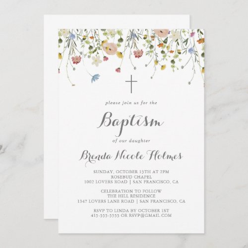 Colorful Dainty Wild Flowers Calligraphy Baptism Invitation