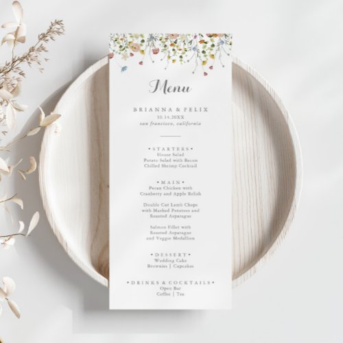 Colorful Dainty Wild Flowers Calligraphy Dinner Menu