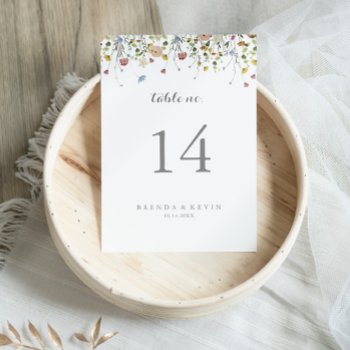 Colorful Dainty Wild Flowers Calligraphy Wedding Table Number by TwoSonsPaperCo at Zazzle