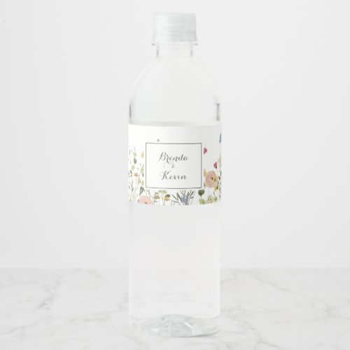 Colorful Dainty Wild Flowers Calligraphy Wedding  Water Bottle Label