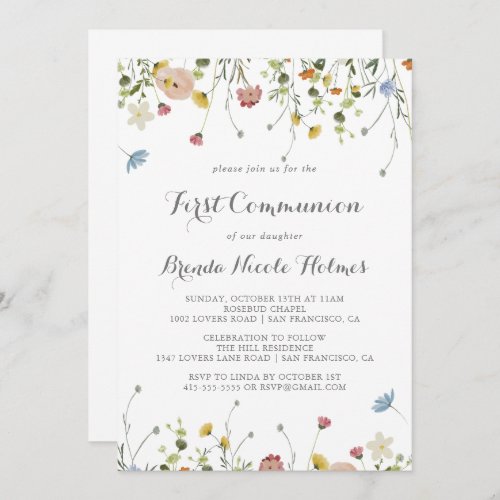 Colorful Dainty Wild Flowers First Communion Invitation