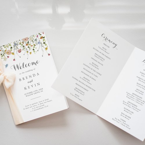 Colorful Dainty Wild Flowers Folded Wedding Program