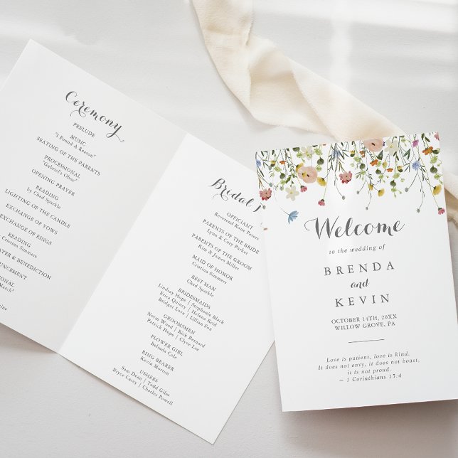 Colorful Dainty Wild Flowers Folded Wedding Program (Creator Uploaded)