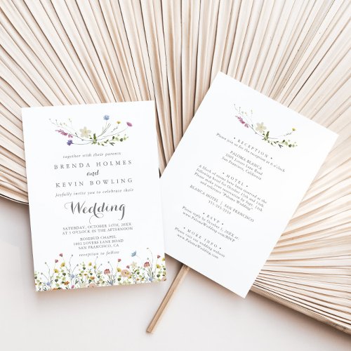 Colorful Dainty Wild Flowers Front  Back Wedding Invitation