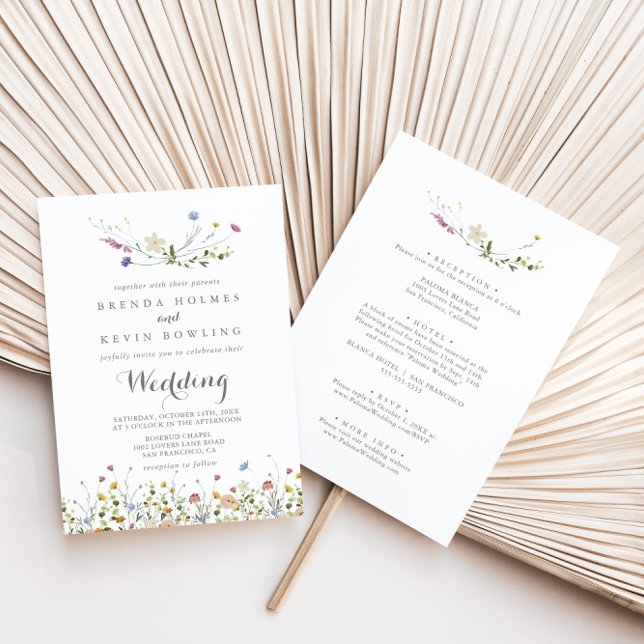 Colorful Dainty Wild Flowers Front & Back Wedding Invitation (Creator Uploaded)