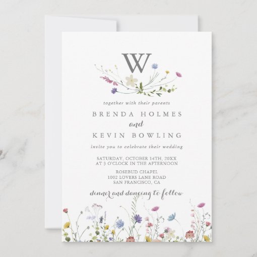 Colorful Dainty Wild Flowers Monogram Wedding Invitation | Zazzle