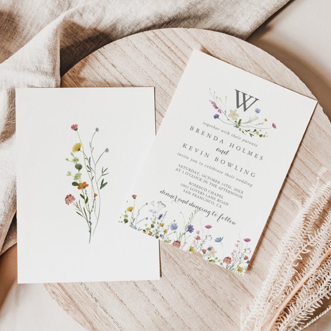 Colorful Dainty Wild Flowers Monogram Wedding Invitation (Creator Uploaded)