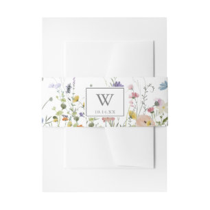 Colorful Dainty Wild Flowers Monogram Wedding  Invitation Belly Band