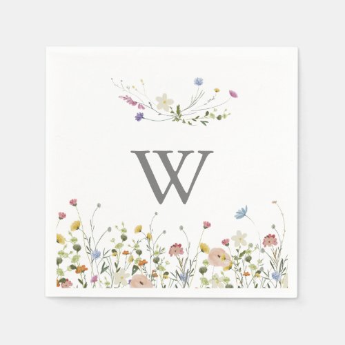 Colorful Dainty Wild Flowers Monogram Wedding  Napkins