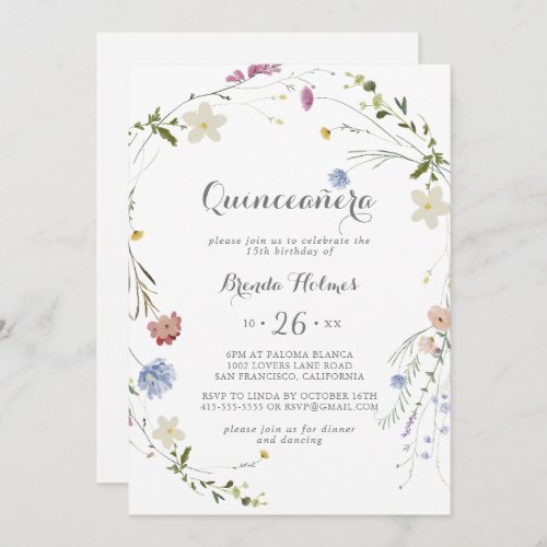 Colorful Dainty Wild Flowers Quinceaera Invitation