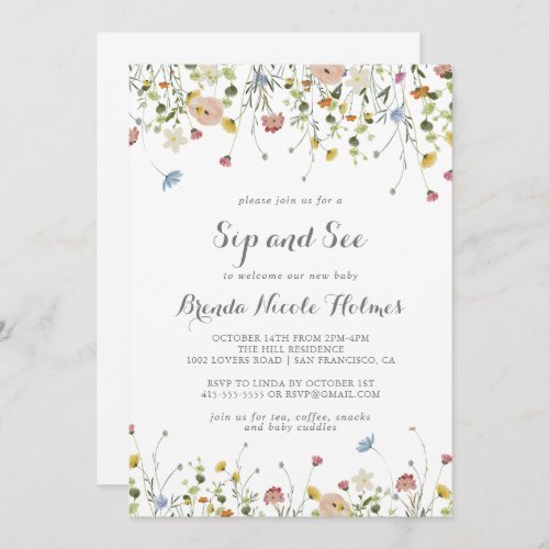 Colorful Dainty Wild Flowers Sip and See Invitation