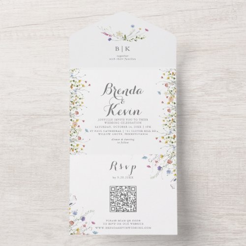 Colorful Dainty Wild Flowers Wedding   All In One Invitation