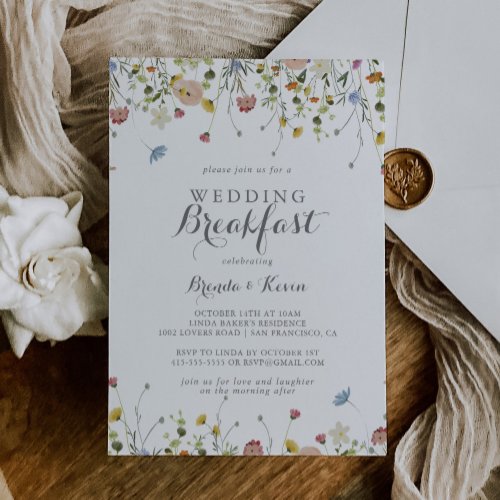 Colorful Dainty Wild Flowers Wedding Breakfast Invitation
