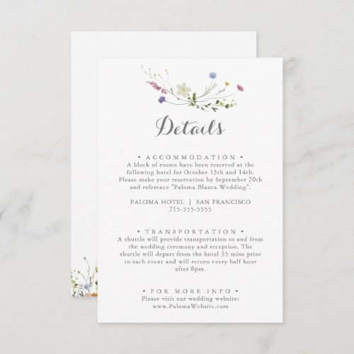 Colorful Dainty Wild Flowers Wedding Details Enclosure Card