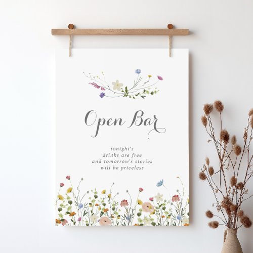 Colorful Dainty Wild Flowers Wedding Open Bar Sign