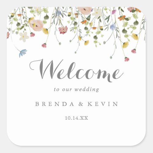 Colorful Dainty Wild Flowers Wedding Welcome Square Sticker