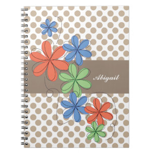 Colorful daisies, brown polka dots, personalized notebook