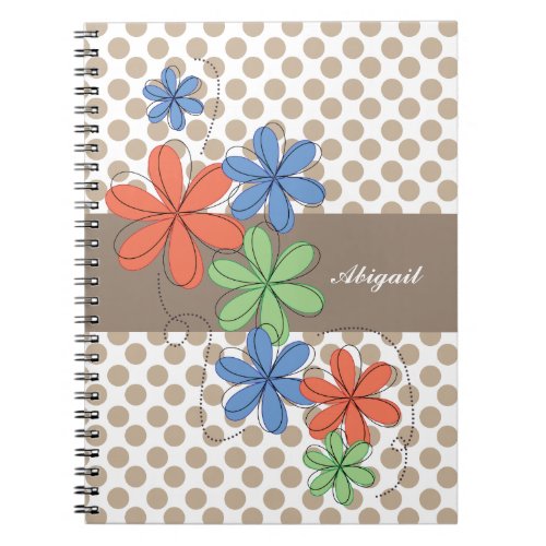 Colorful daisies brown polka dots personalized notebook