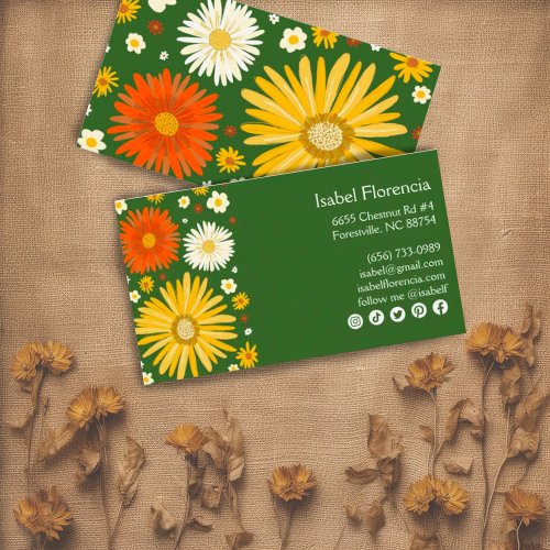 Colorful Daisies Deep Green Social Media Icons  Business Card