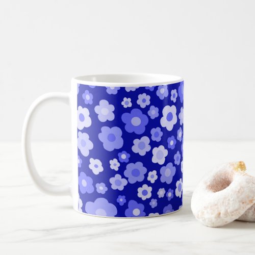 Colorful Daisies Floral Retro Pattern Bold Blue Coffee Mug