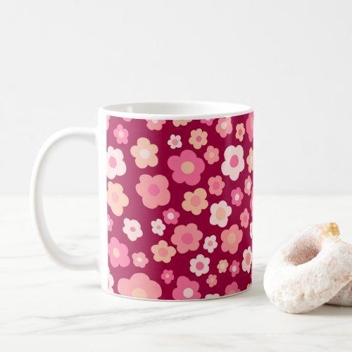 Colorful Daisies Floral Retro Pattern Pink Red Coffee Mug