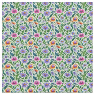 Colorful Daisies on Green Fabric